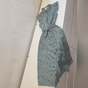 Women's Green Floral Button-Up Dress Pockets Size M